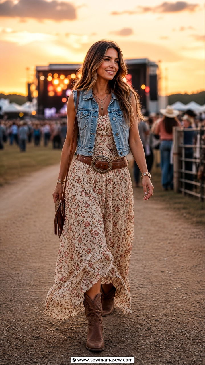 Denim Vest over Flowy Floral Maxi Dress with Western Belt - 30 Country concert outfit ideas petite