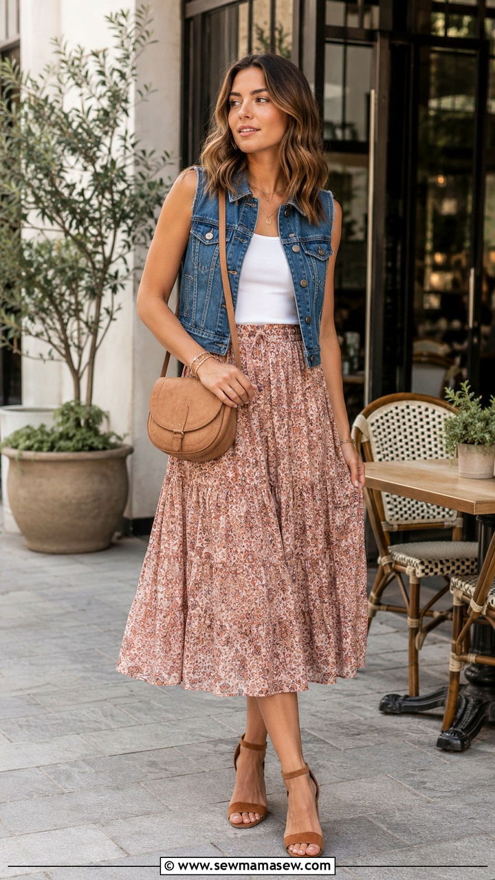 Denim Vest with Floral Midi Skirt - 30 classy boho chic outfit ideas