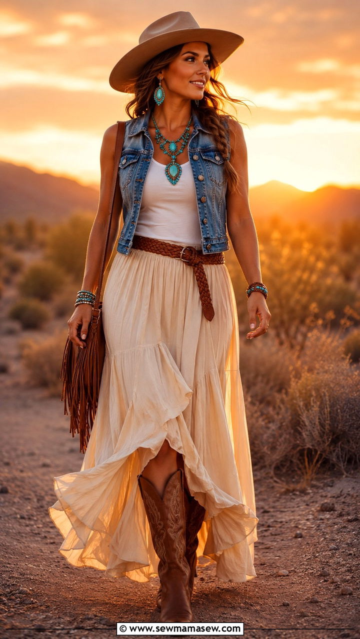 Denim Vest with Flowy Maxi Skirt and Turquoise - 30 Luke Combs concert outfit ideas