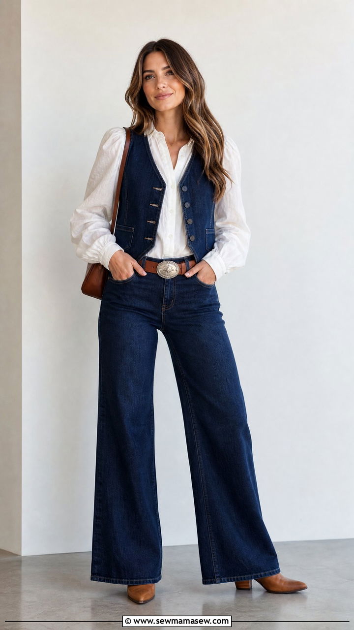 Denim Vest with White Blouse and Wide Leg Jeans - 40 Western outfit ideas