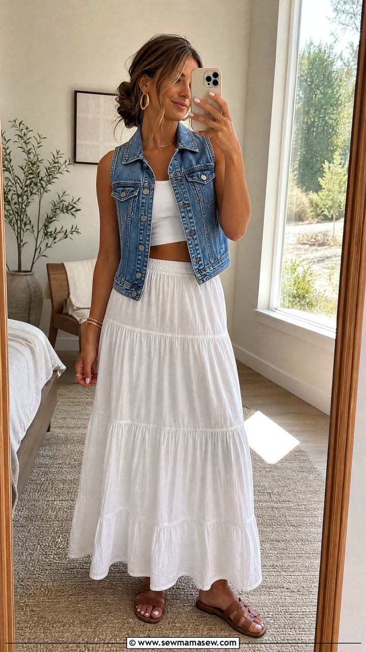 Denim Vest with White Maxi Skirt Outfit - 30 Country concert outfit ideas summer