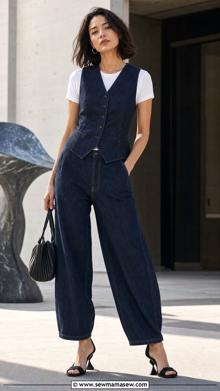 Denim Waistcoat With Barrel Leg Jeans - 35 Canadian tuxedo outfit ideas