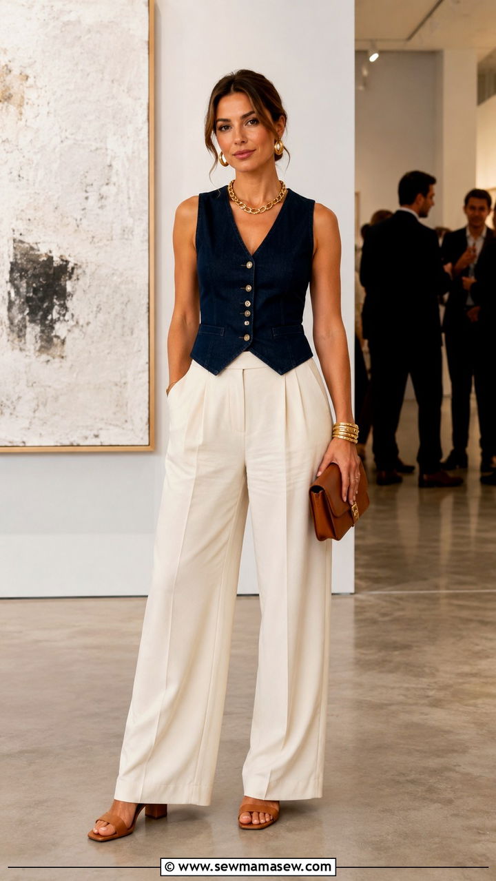 Denim Waistcoat with Wide Leg Trousers and Block Heels - 25 Old money outfit ideas affordable