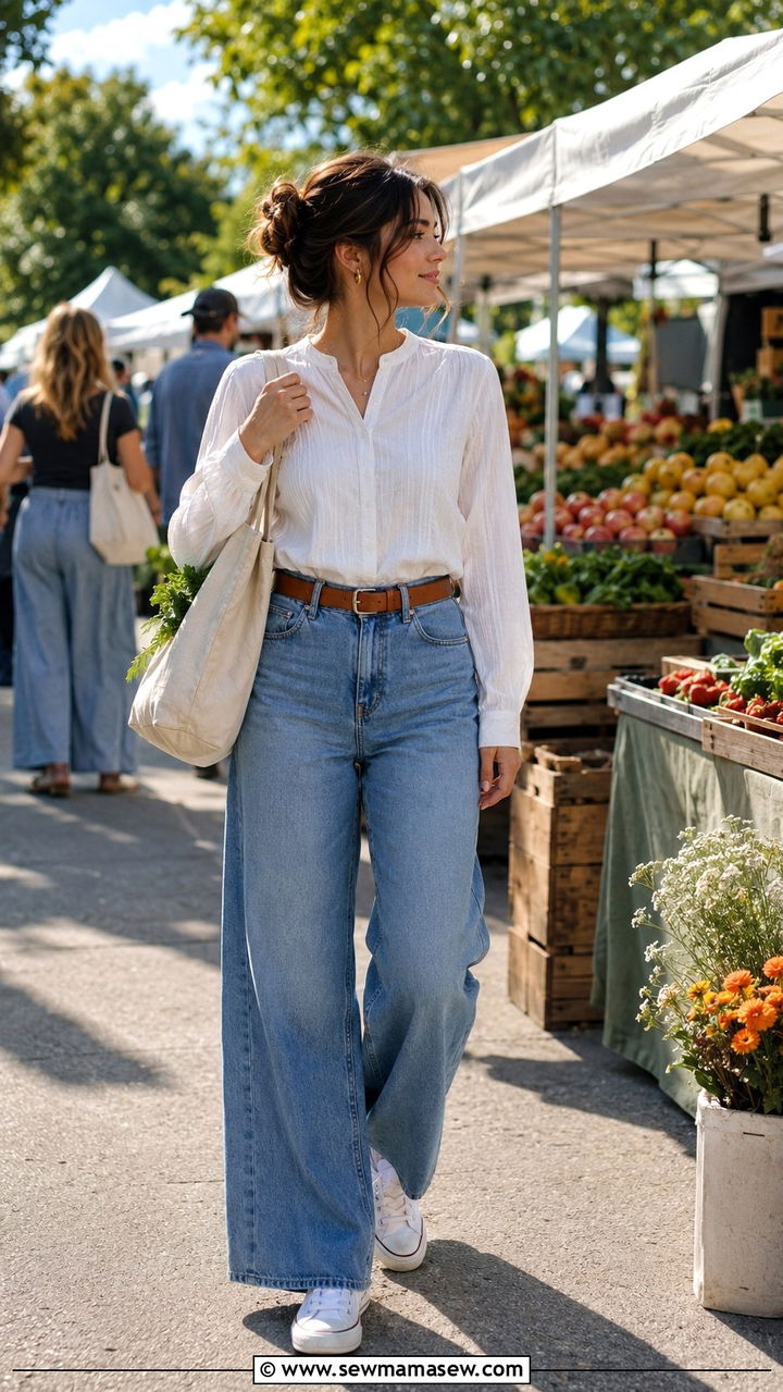 Denim Wide Leg Jeans With Long Sleeve White Blouse - 30 Modest outfit ideas with wide leg pants