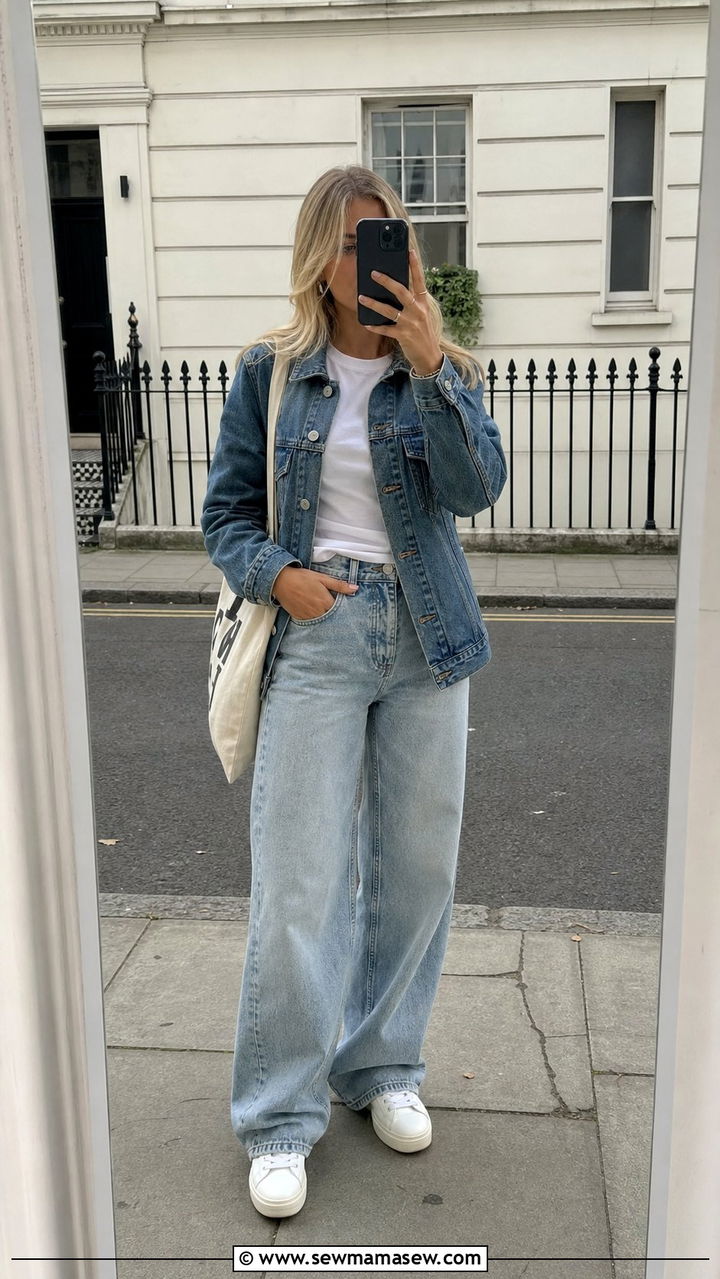 Denim Wide Leg Trousers And Denim Jacket - 25 spring trousers outfit ideas