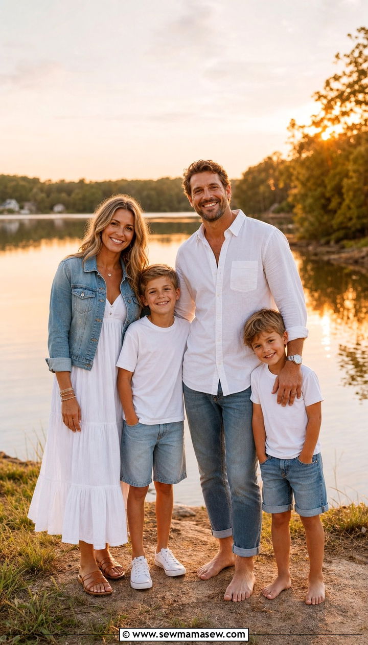 Denim and Crisp White Family Photo Outfits by a Serene Lake - 25 Family photo outfit ideas summer 2026