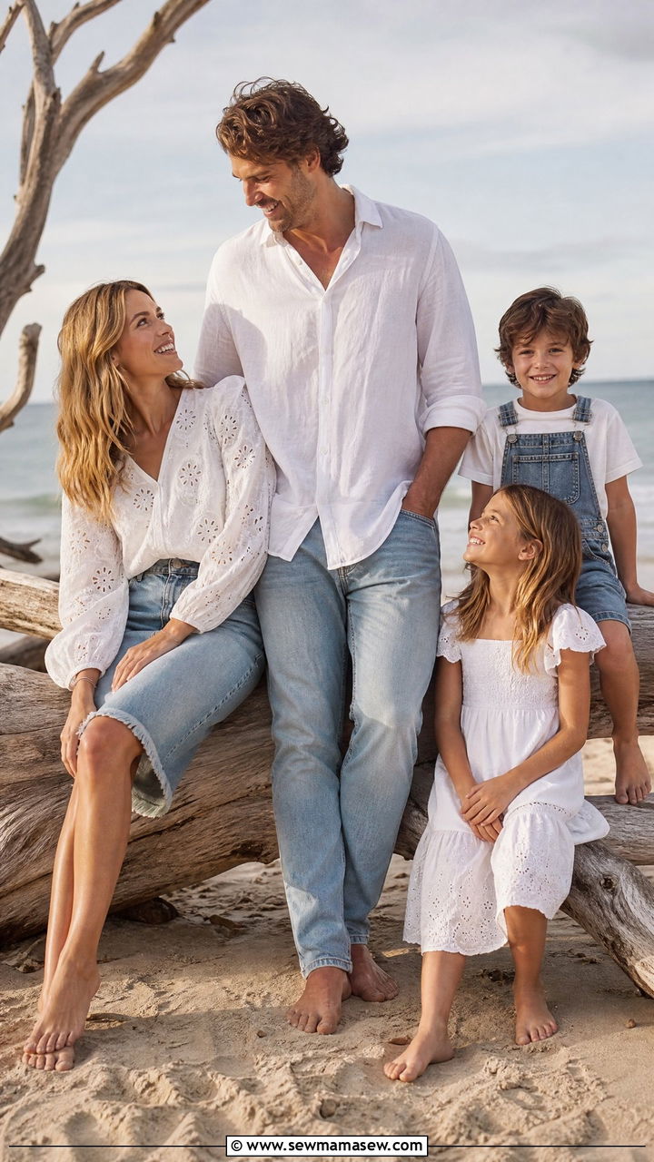 Denim and White Casual Beach Outfit - 30 Family beach photo outfit ideas
