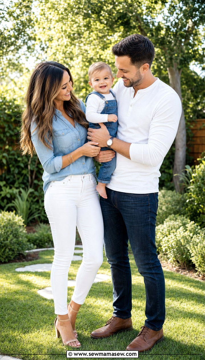 Denim and white family photo outfit with toddler - 25 Family photo outfit ideas with toddlers