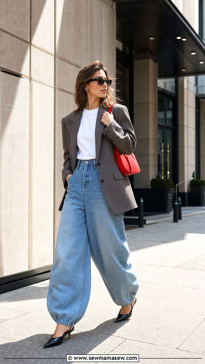 Denim balloon pants with oversized blazer - 35 balloon pants outfits for women
