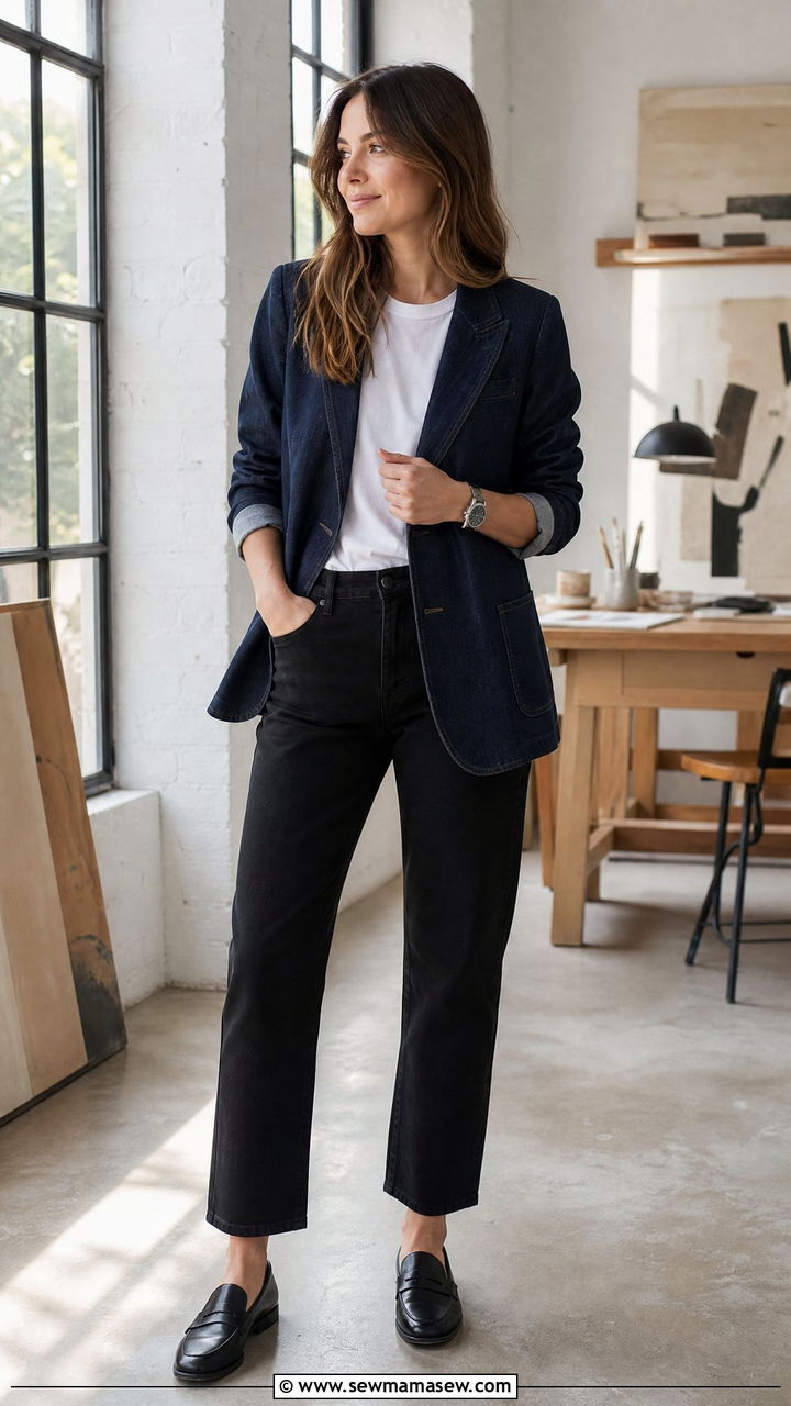 Denim blazer with black jeans and loafers - 25 Business casual outfits with jeans