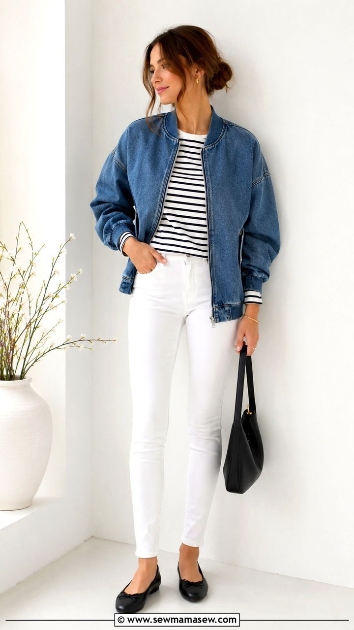 Denim bomber jacket with white skinny jeans - 30 Bomber jacket outfit ideas with jeans
