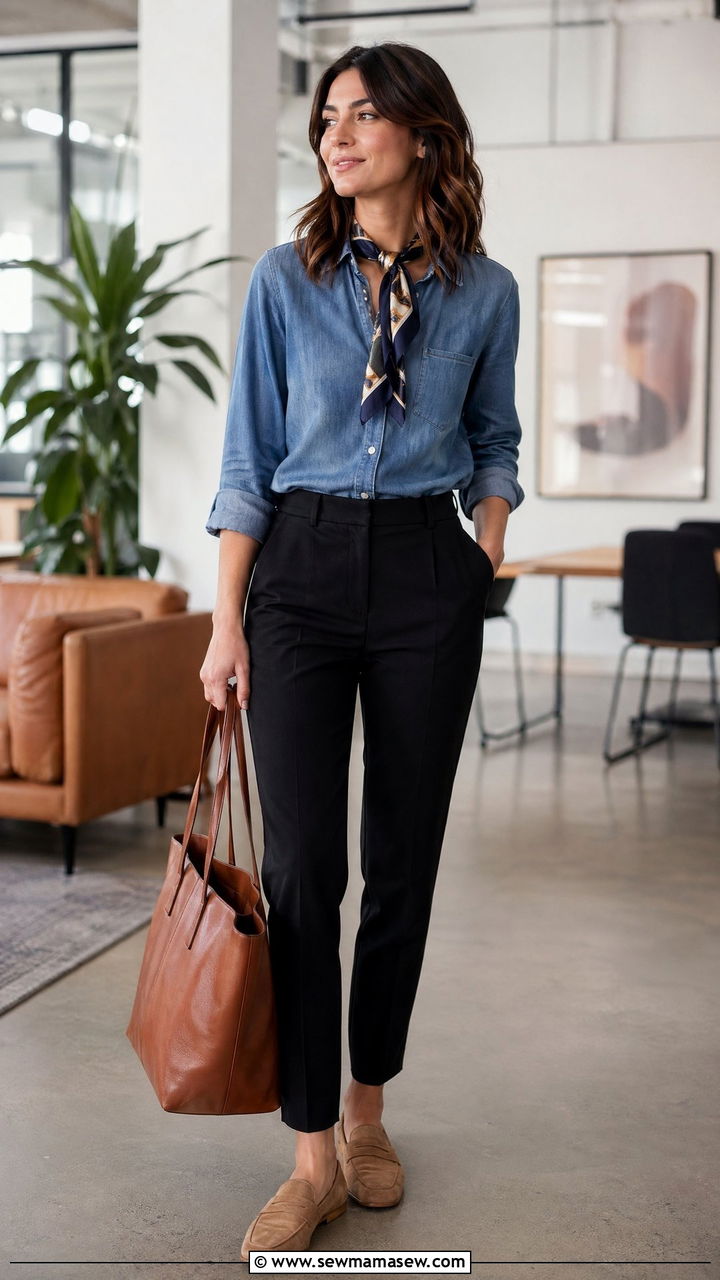 Denim button down and tailored trousers outfit - 35 Conference outfit ideas for women