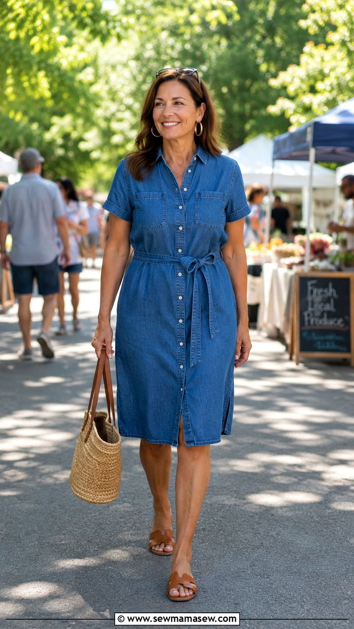 Denim dress with leather sandals - 30 Dress outfit ideas for women over 40