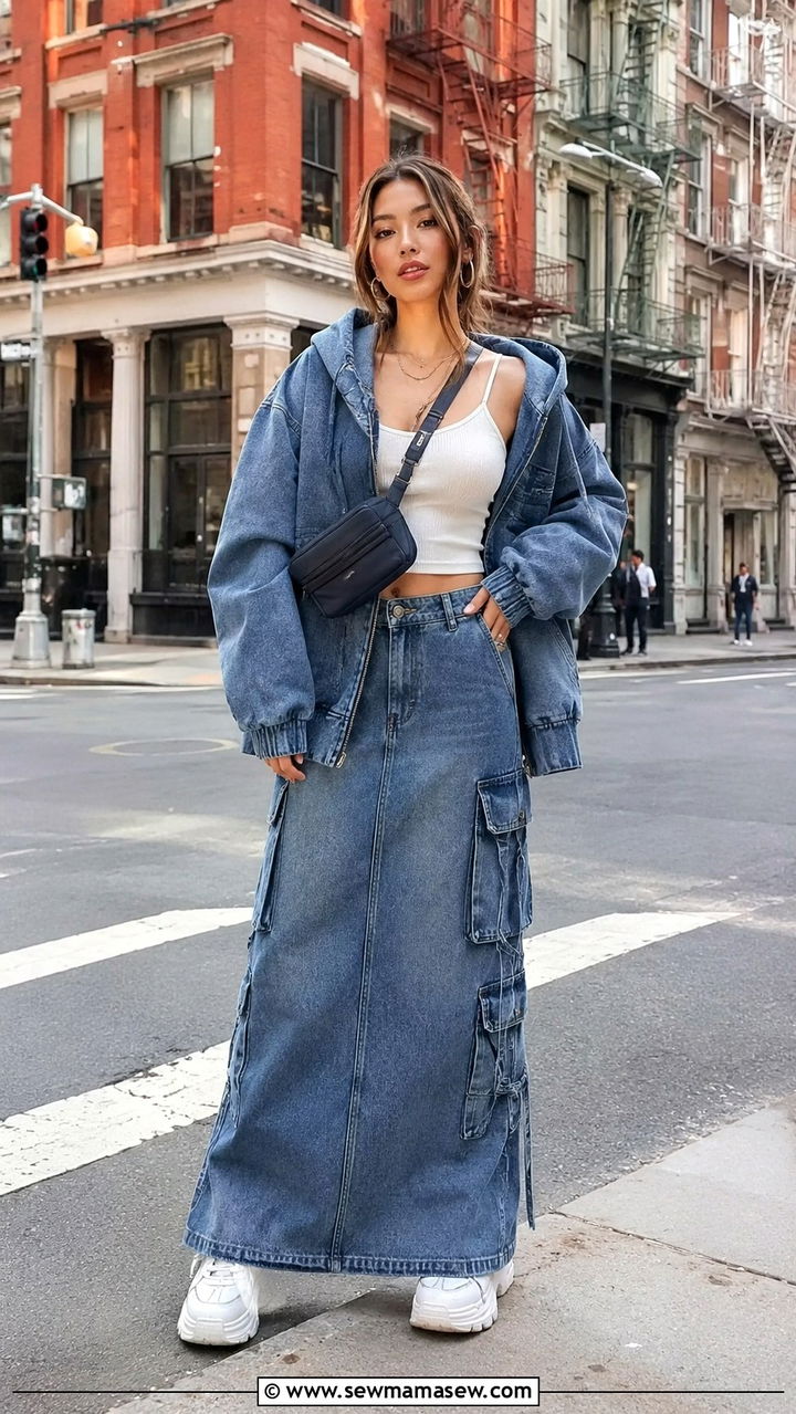 Denim hoodie with denim cargo skirt outfit - 30 Denim skirt and denim top outfit ideas