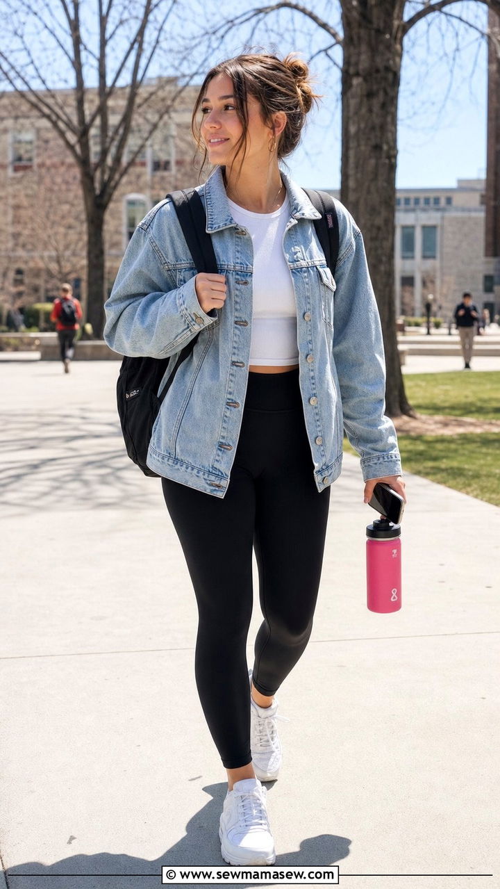 Denim jacket and black leggings - 25 Clean girl outfit ideas for college