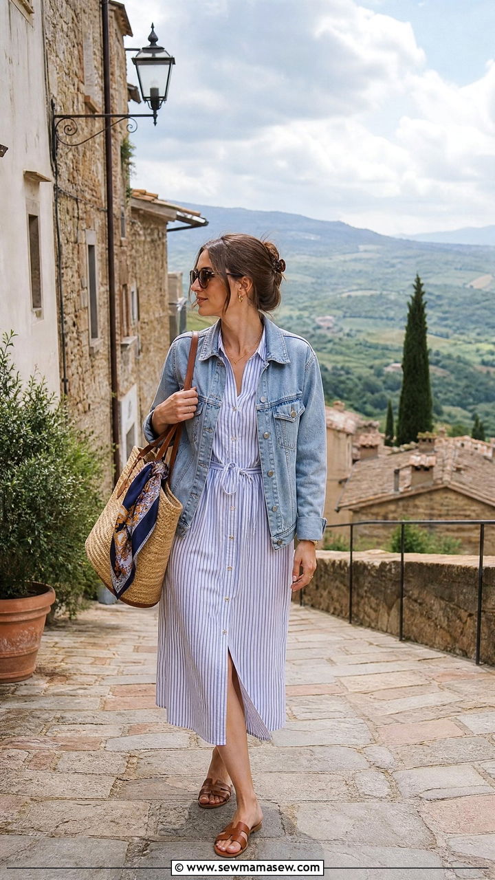 Denim jacket and button down midi dress with flat sandals - 35 Italy spring outfit ideas