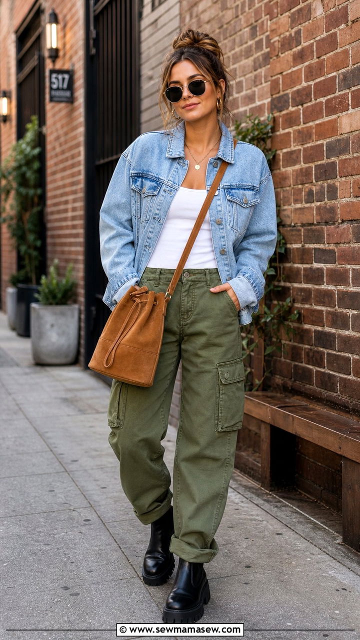 Denim jacket and cargo pants with a suede bucket bag - 35 Bucket bag outfit ideas