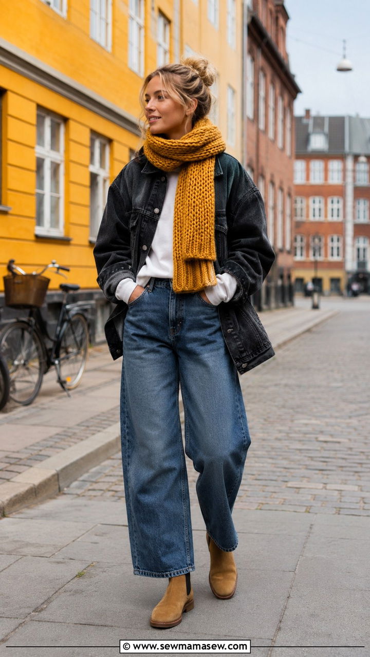 Denim jacket and chunky scarf outfit - 30 Danish cozy outfit ideas