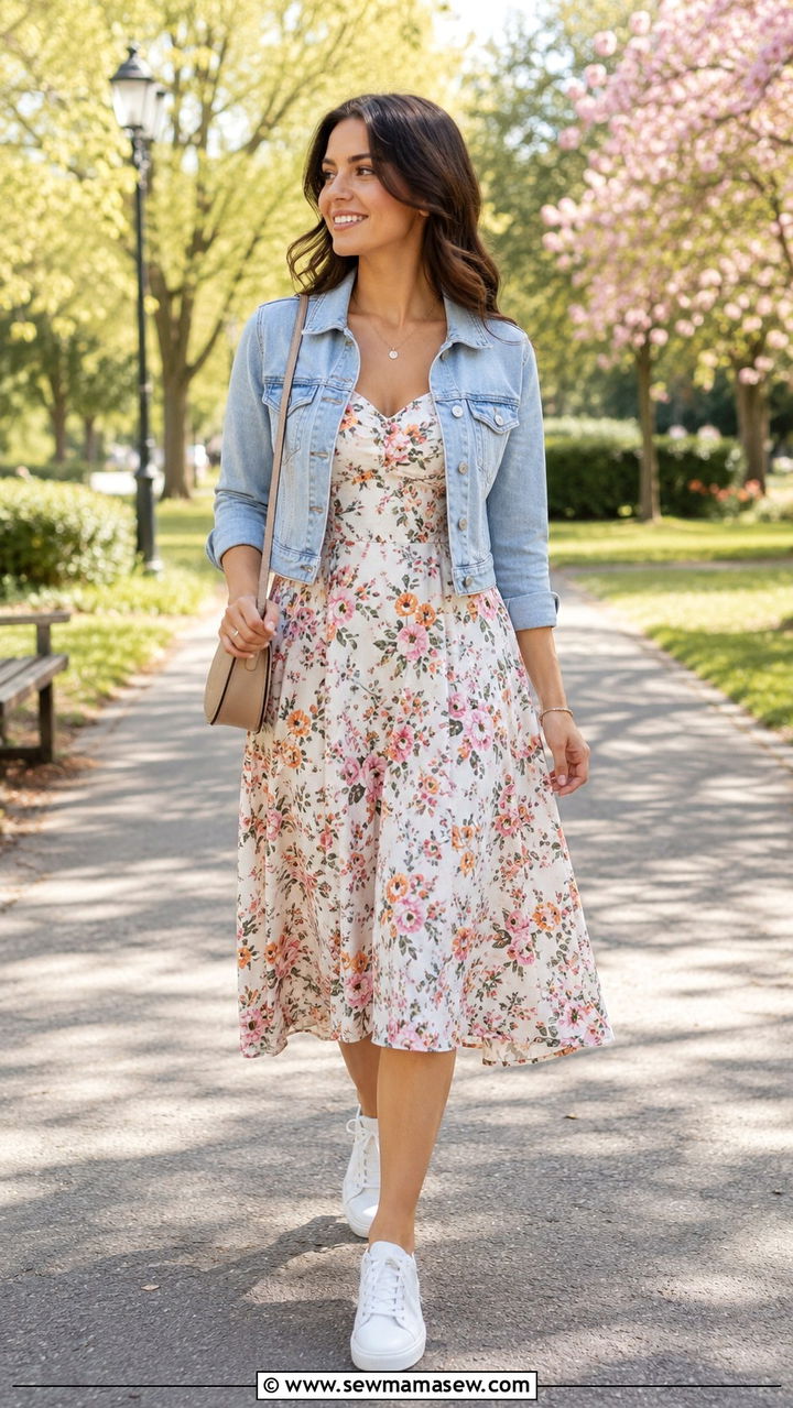 Denim jacket and fit and flare dress pear shape travel outfit - 25 Travel outfits for pear shape