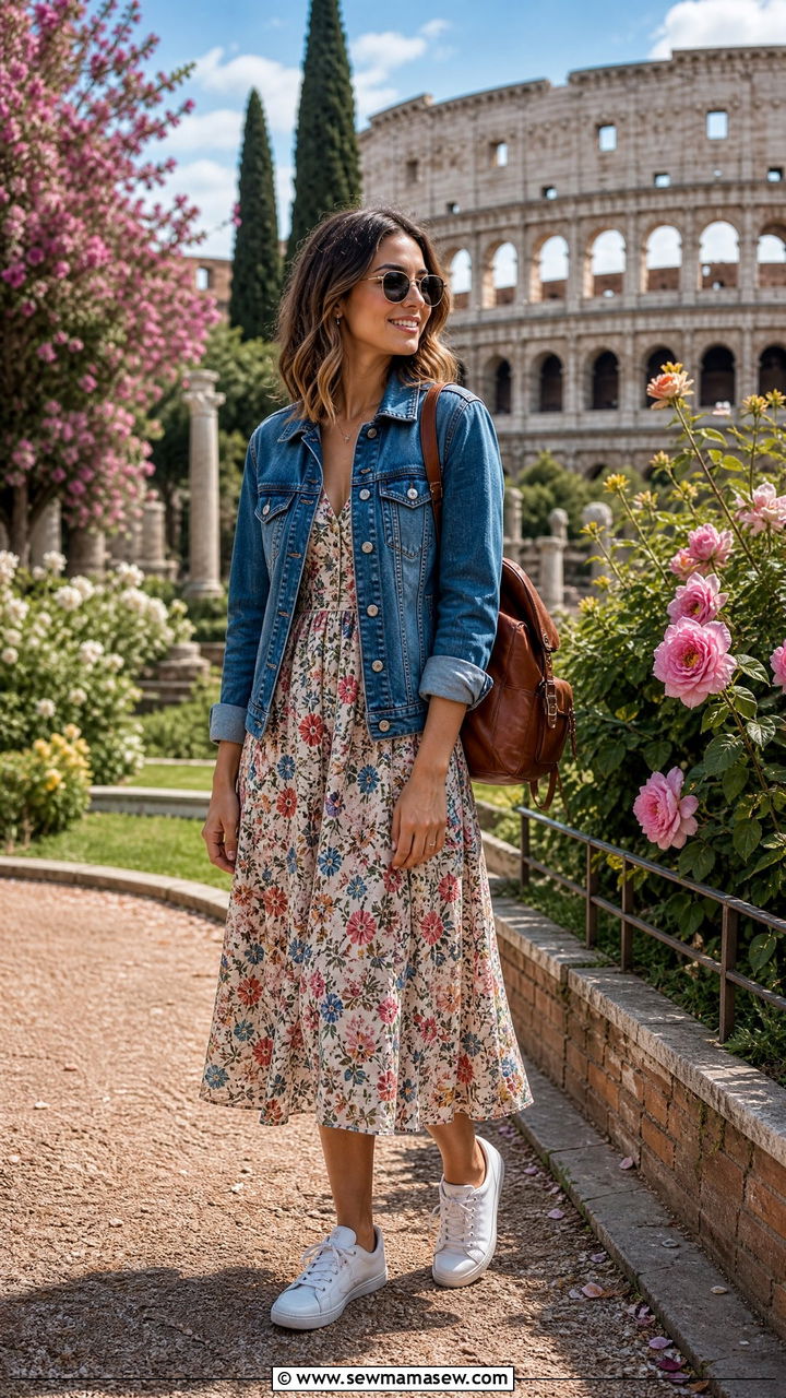 Denim jacket and floral dress Rome spring - 40 What to wear in Rome