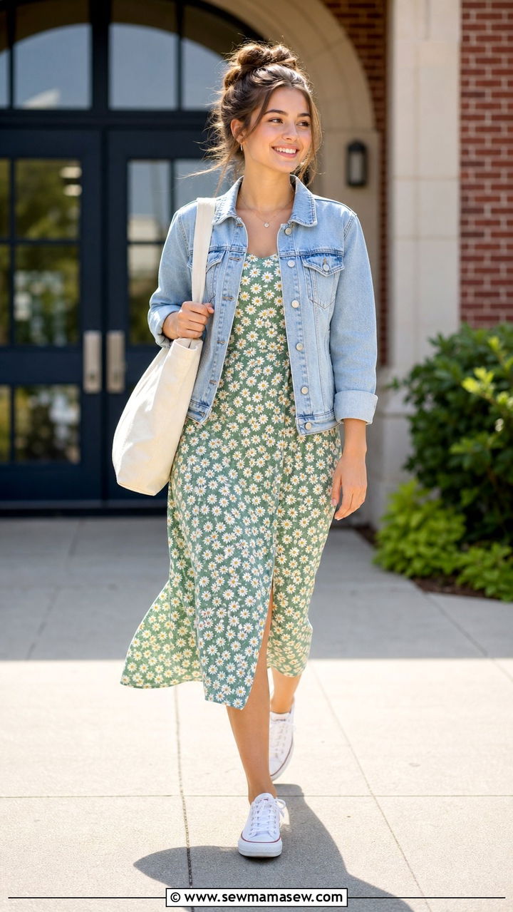 Denim jacket and floral dress back to school outfit - 35 Back to school outfit ideas 9th grade