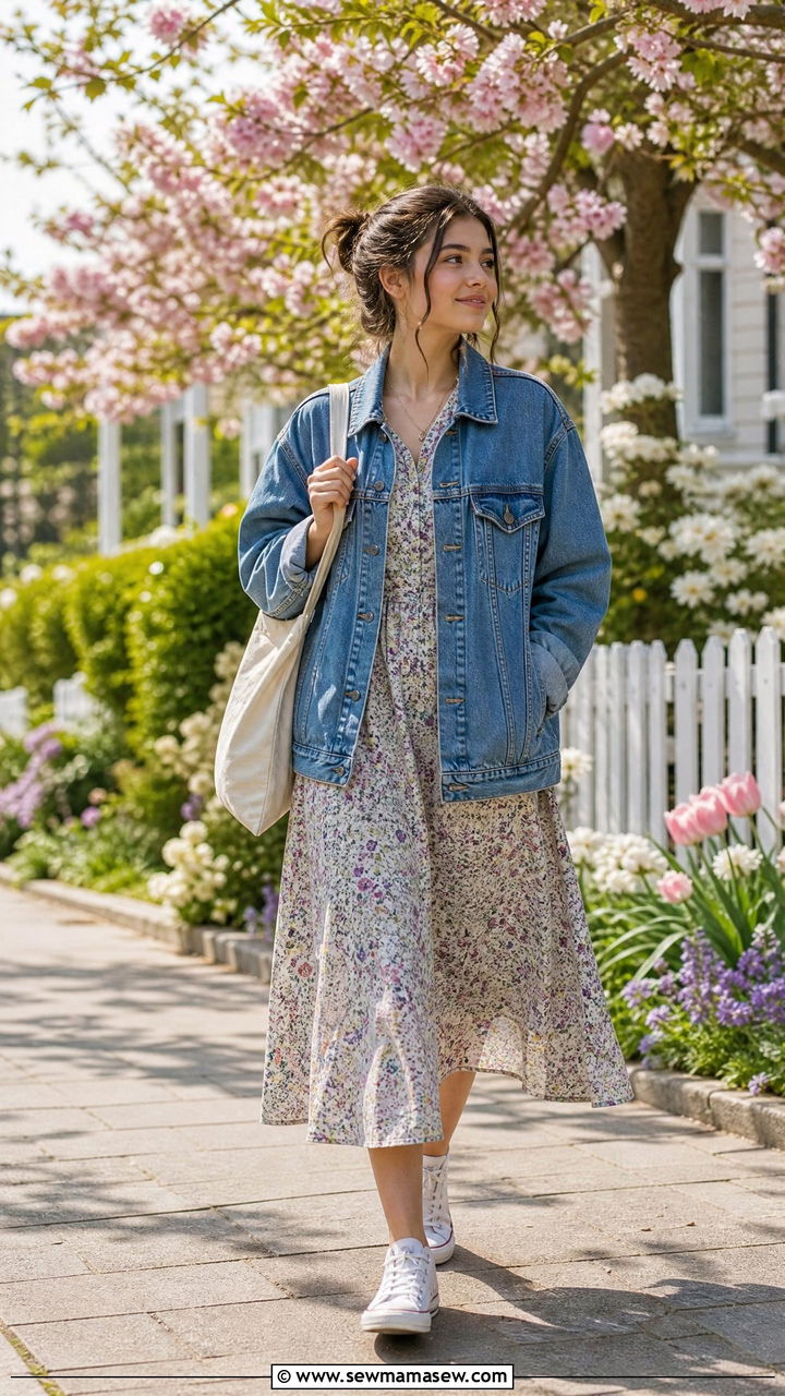Denim jacket and floral dress outfit - 40 school outfits ideas