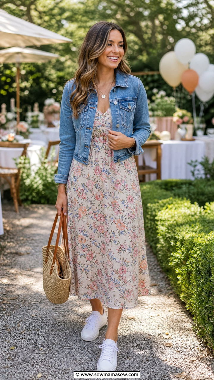 Denim jacket and floral dress outfit - 25 casual birthday outfits