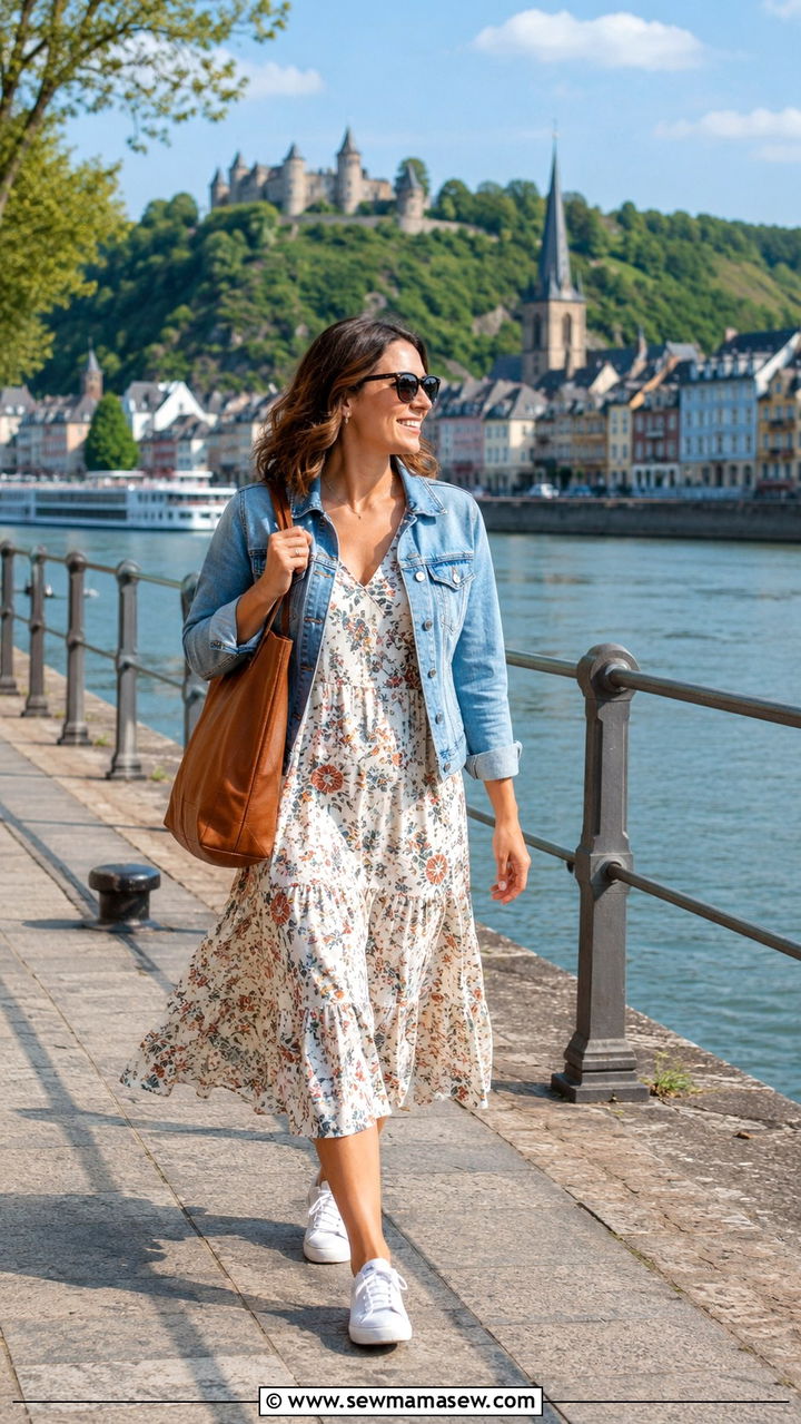 Denim jacket and floral dress outfit - 30 Rhine cruise outfit ideas
