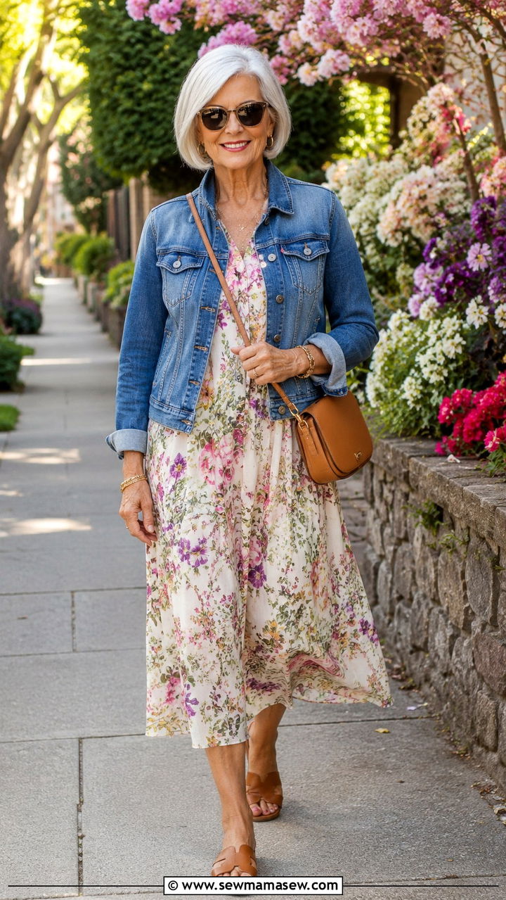 Denim jacket and floral dress outfit for women over 65 - 30 Outfit ideas for women over 65