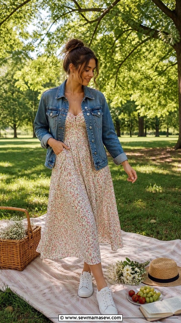 Denim jacket and floral dress outfit - 40 First day of summer outfits