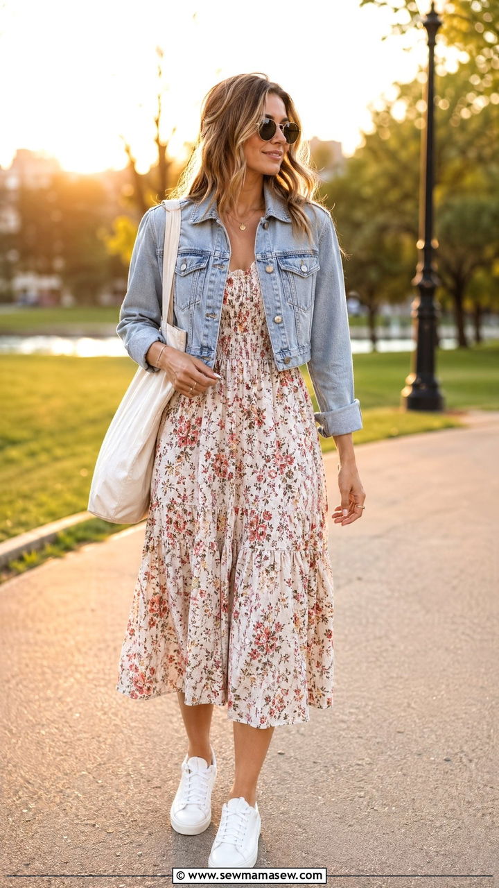 Denim jacket and floral dress summer outfit - 35 Cool summer outfits