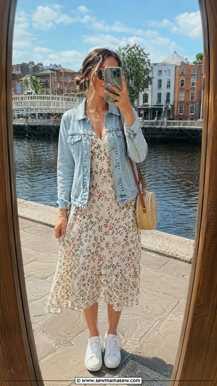 Denim jacket and floral midi dress Dublin outfit - 35 Dublin outfit ideas