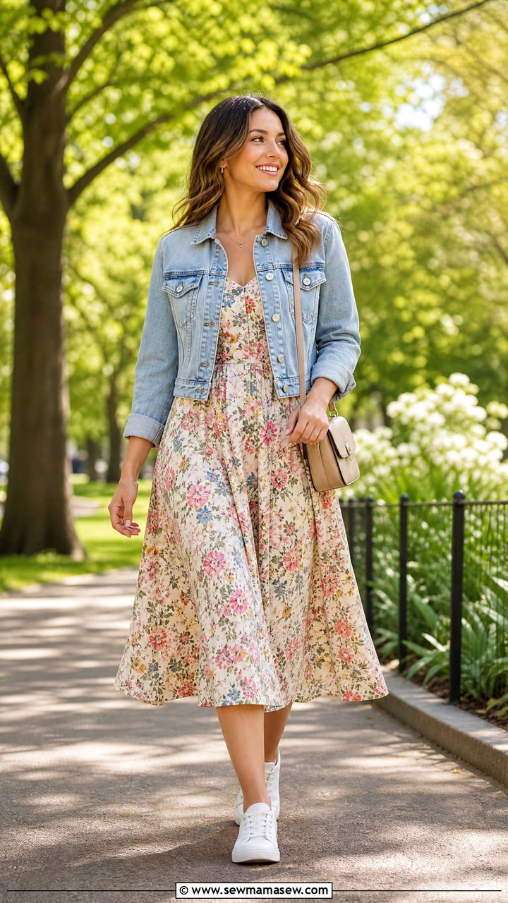 Denim jacket and floral midi dress combo - 30 outfit ideas for rectangle body shape