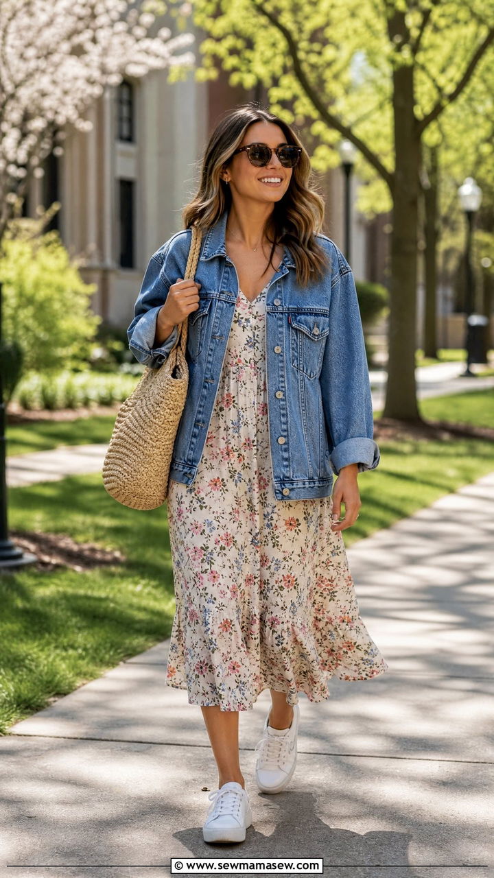 Denim jacket and floral midi dress outfit - 30 Cute outfits for college girls