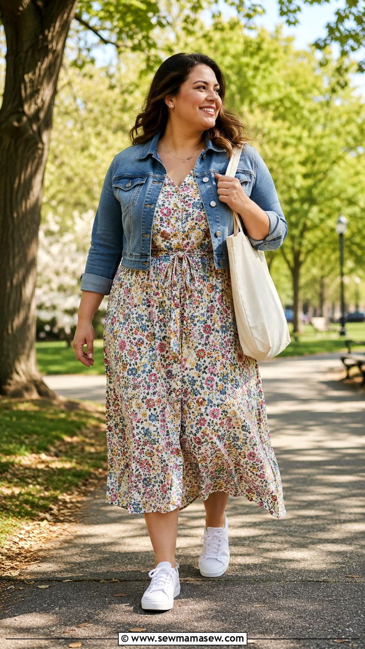 Denim jacket and floral midi dress outfit - 30 Vacation outfits for midsize women
