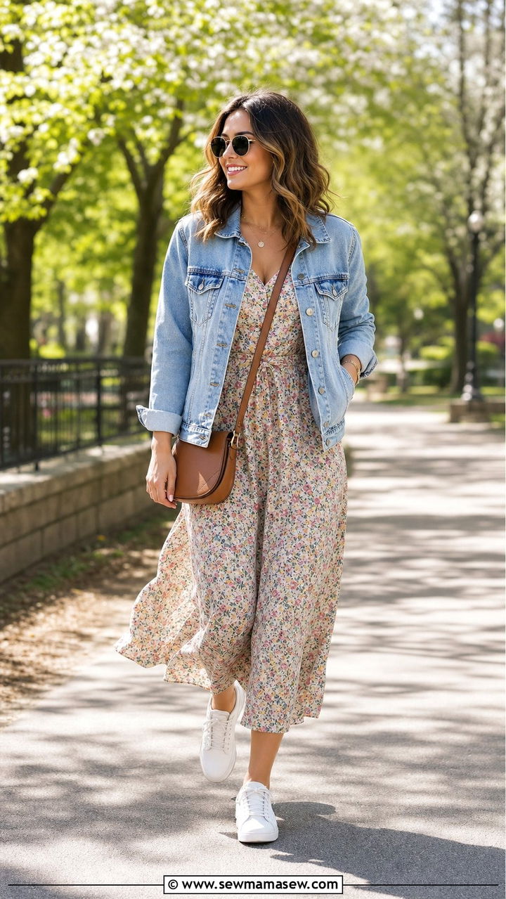 Denim jacket and floral midi dress spring look - 25 spring outfits for inverted triangle body