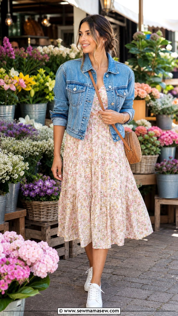 Denim jacket and floral midi dress spring outfit - 40 Casual spring outfits