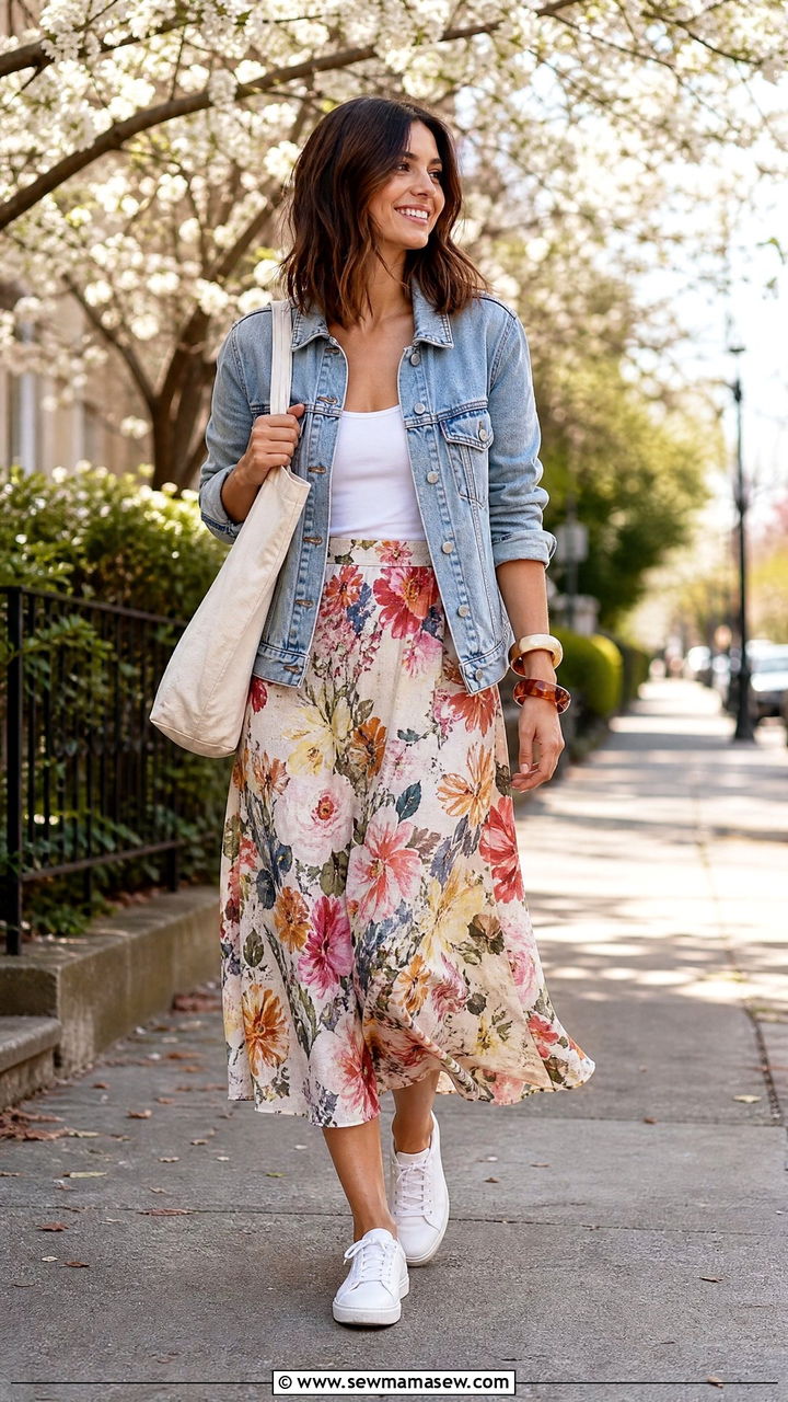 Denim jacket and floral midi skirt outfit for early summer - 25 Late spring early summer outfits