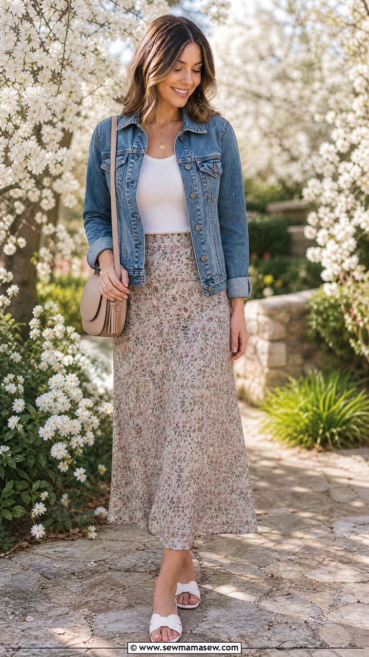 Denim jacket and floral slip skirt - 35 Minimalist spring outfits