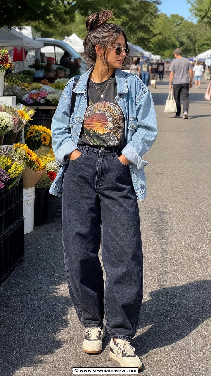 Denim jacket and graphic tee with balloon jeans - 25 how to style balloon pants outfits