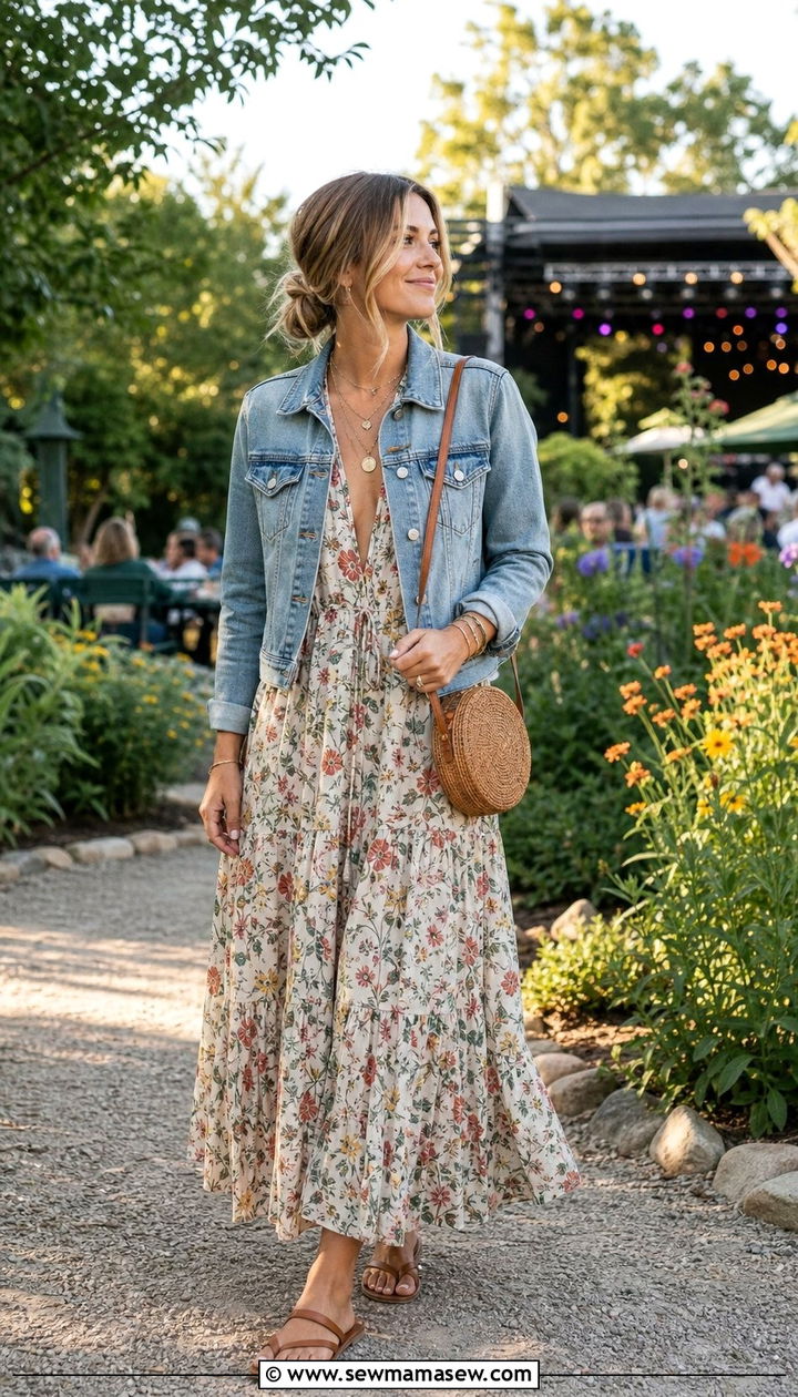 Denim jacket and maxi dress outfit - 35 casual concert outfits