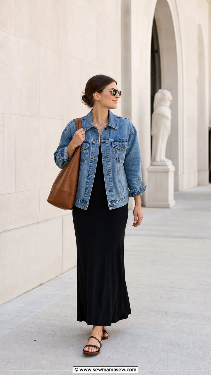 Denim jacket and maxi skirt travel outfit - 25 Minimalist travel capsule wardrobe