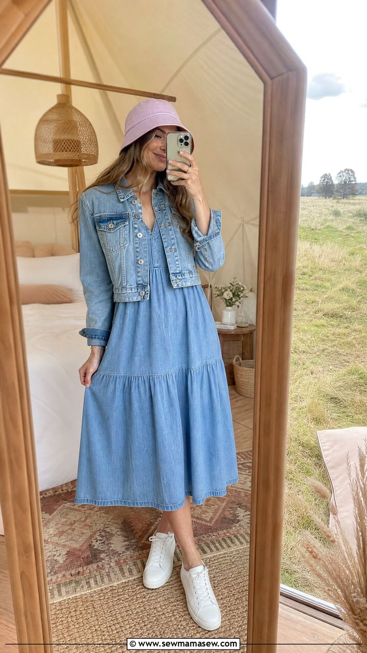 Denim jacket and midi dress camping outfit - 25 Camping trip outfit ideas