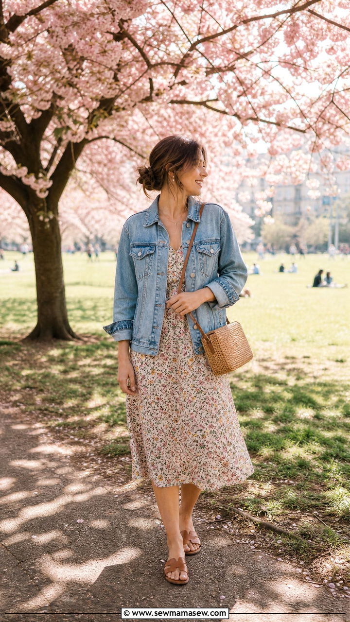 Denim jacket and midi dress casual - 30 Edinburgh outfit ideas