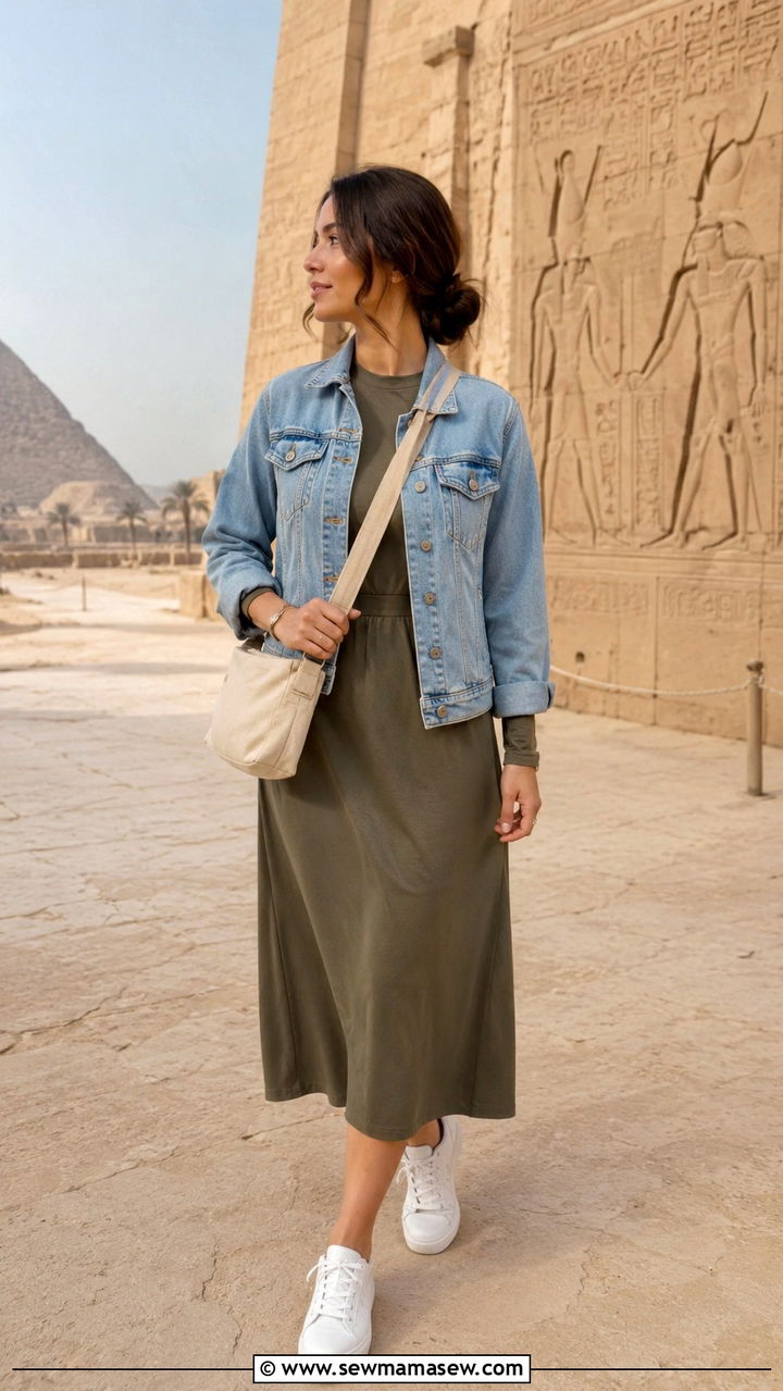 Denim jacket and midi dress outfit for Egypt - 20 Modest outfit ideas for Egypt