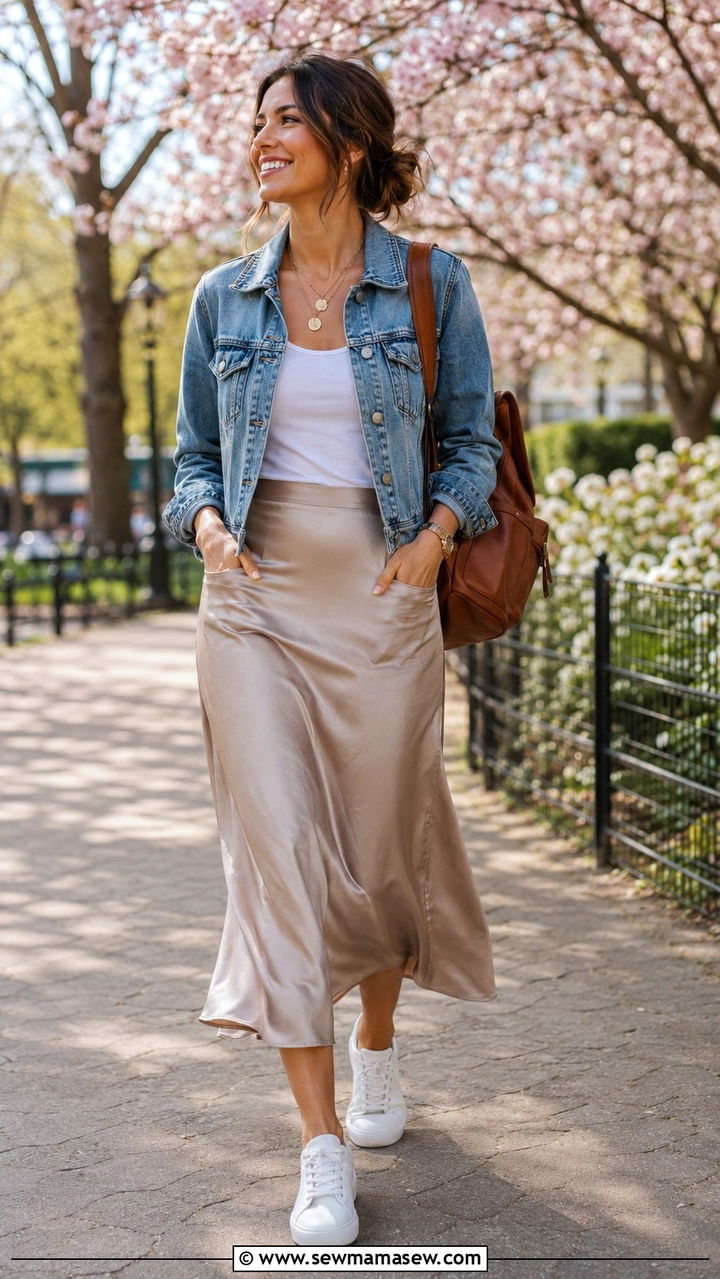 Denim jacket and midi skirt outfit - 30 Travel capsule wardrobe ideas