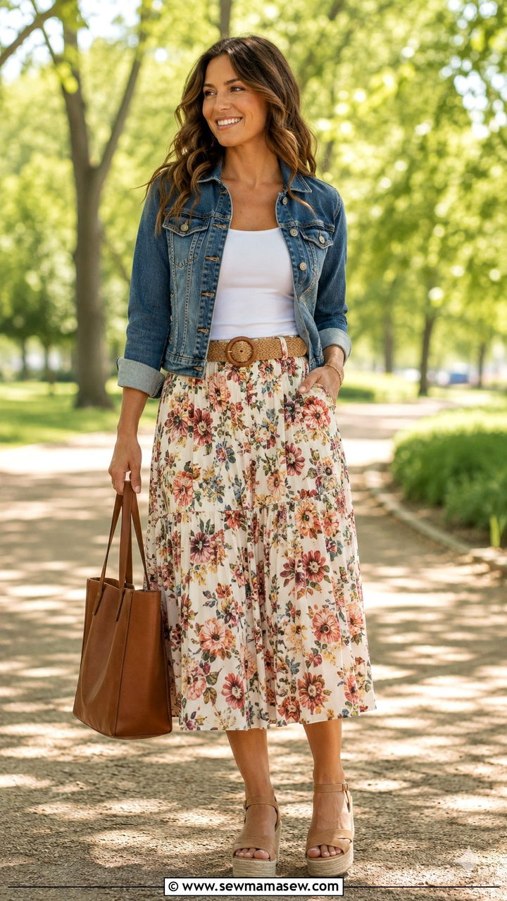 Denim jacket and midi skirt outfit - 25 Pickup line outfit ideas for moms