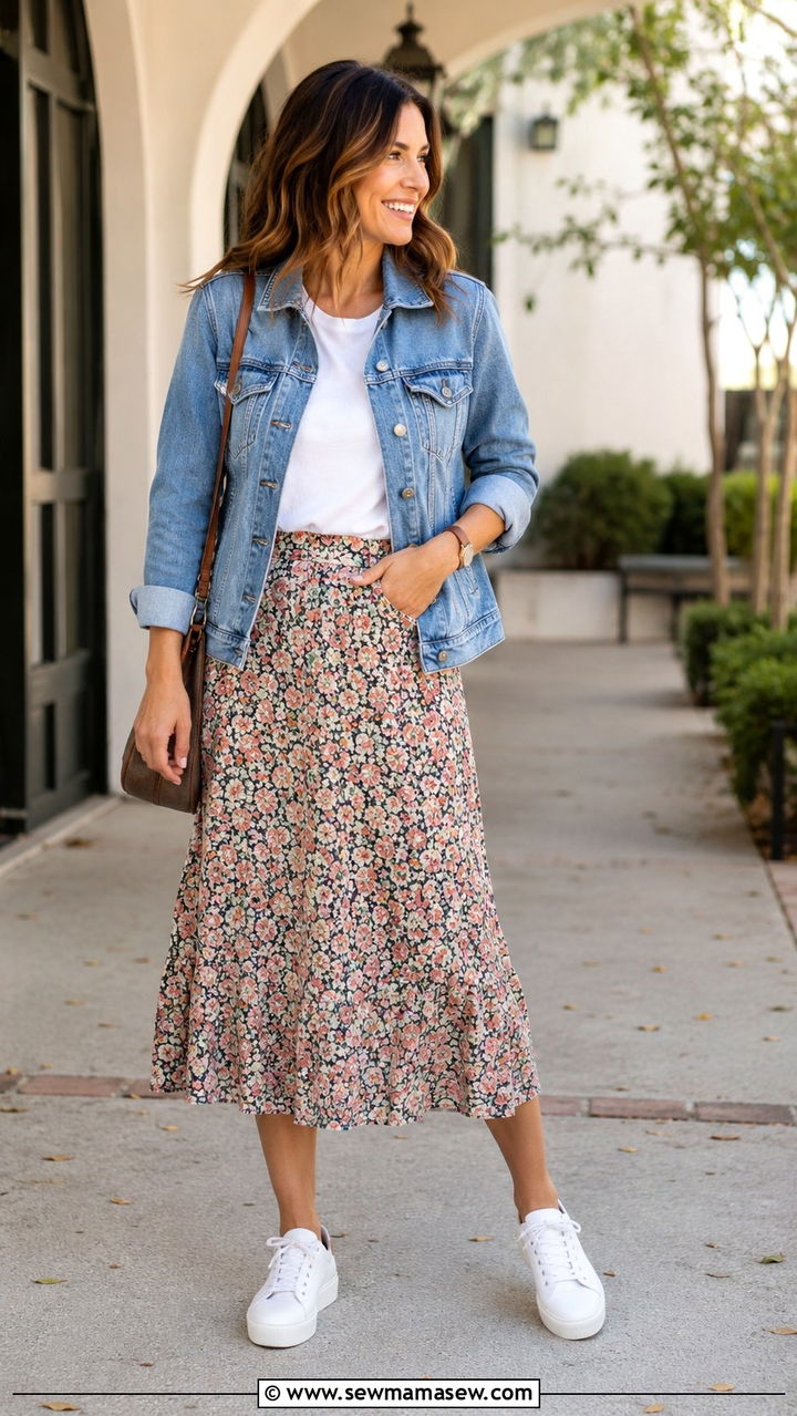 Denim jacket and midi skirt with sneakers - 30 Middle school teacher outfit ideas