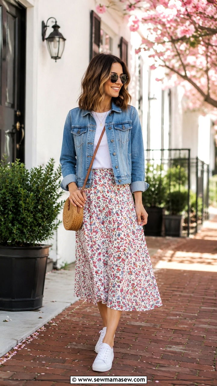 Denim jacket and midi skirt - 25 windy day outfits trends