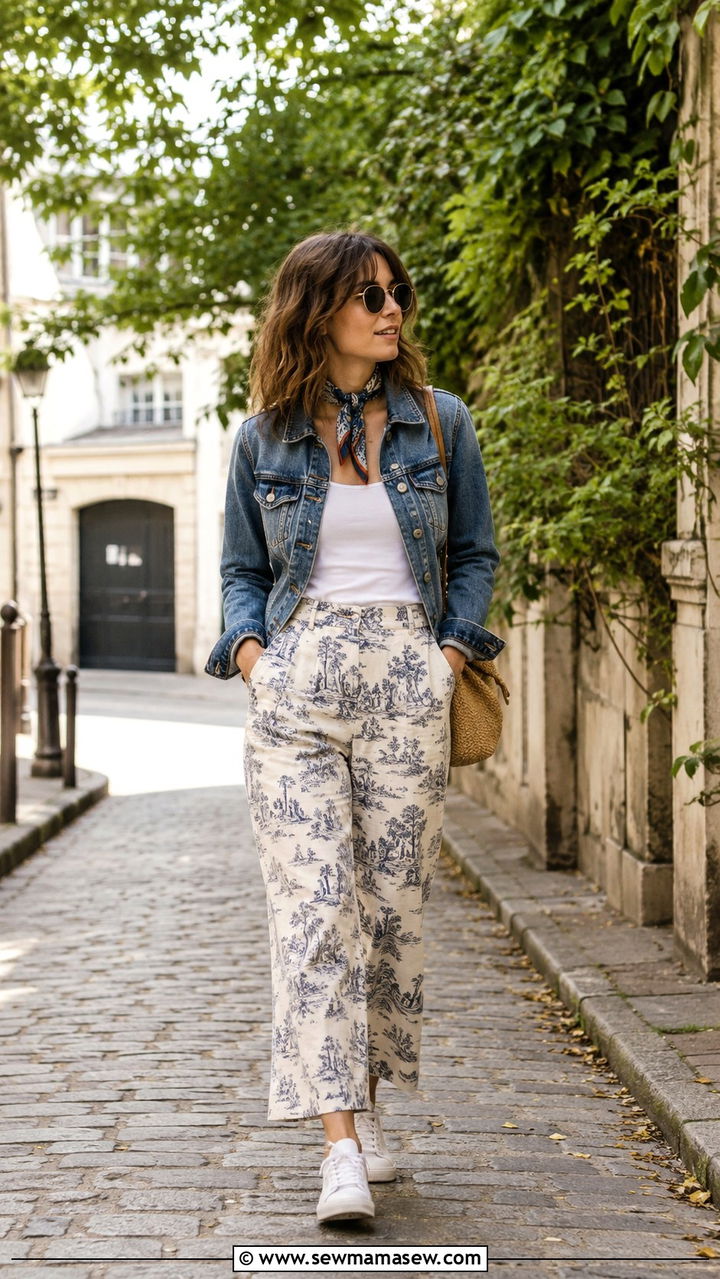 Denim jacket and printed pants outfit - 30 Spring Parisian outfits 2026